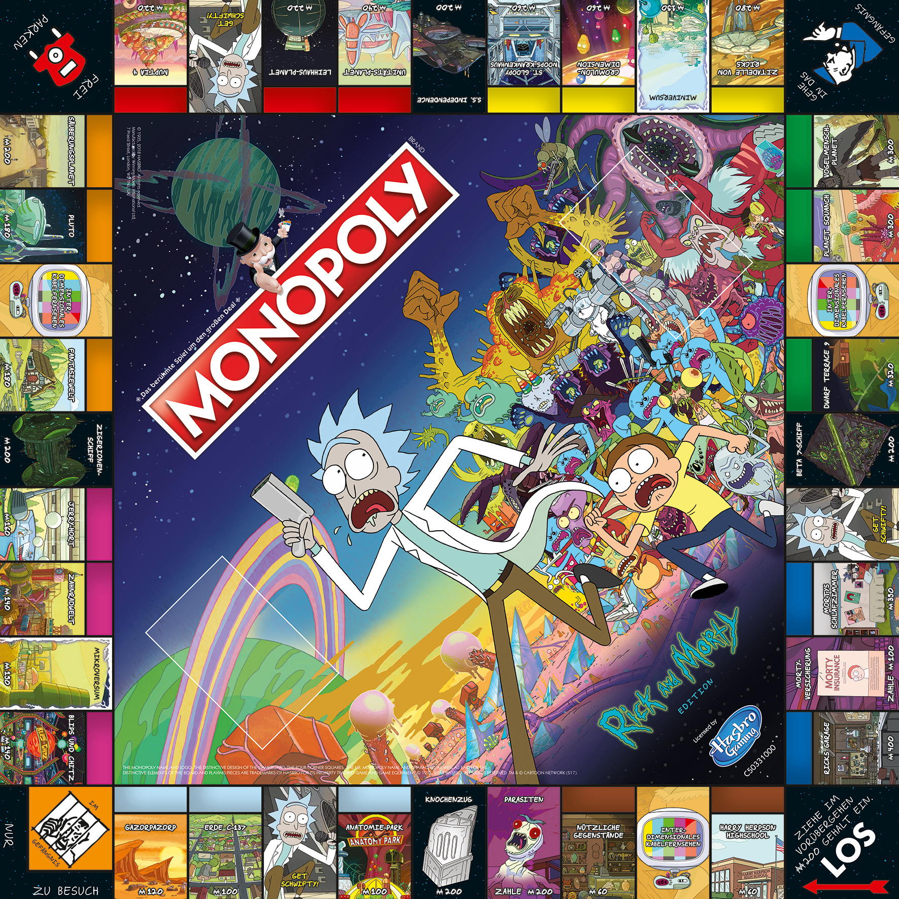 Monopoly: Rick and Morty Edition Spielbrett. Enthält Rick- und Morty-Charaktere und -Themen.