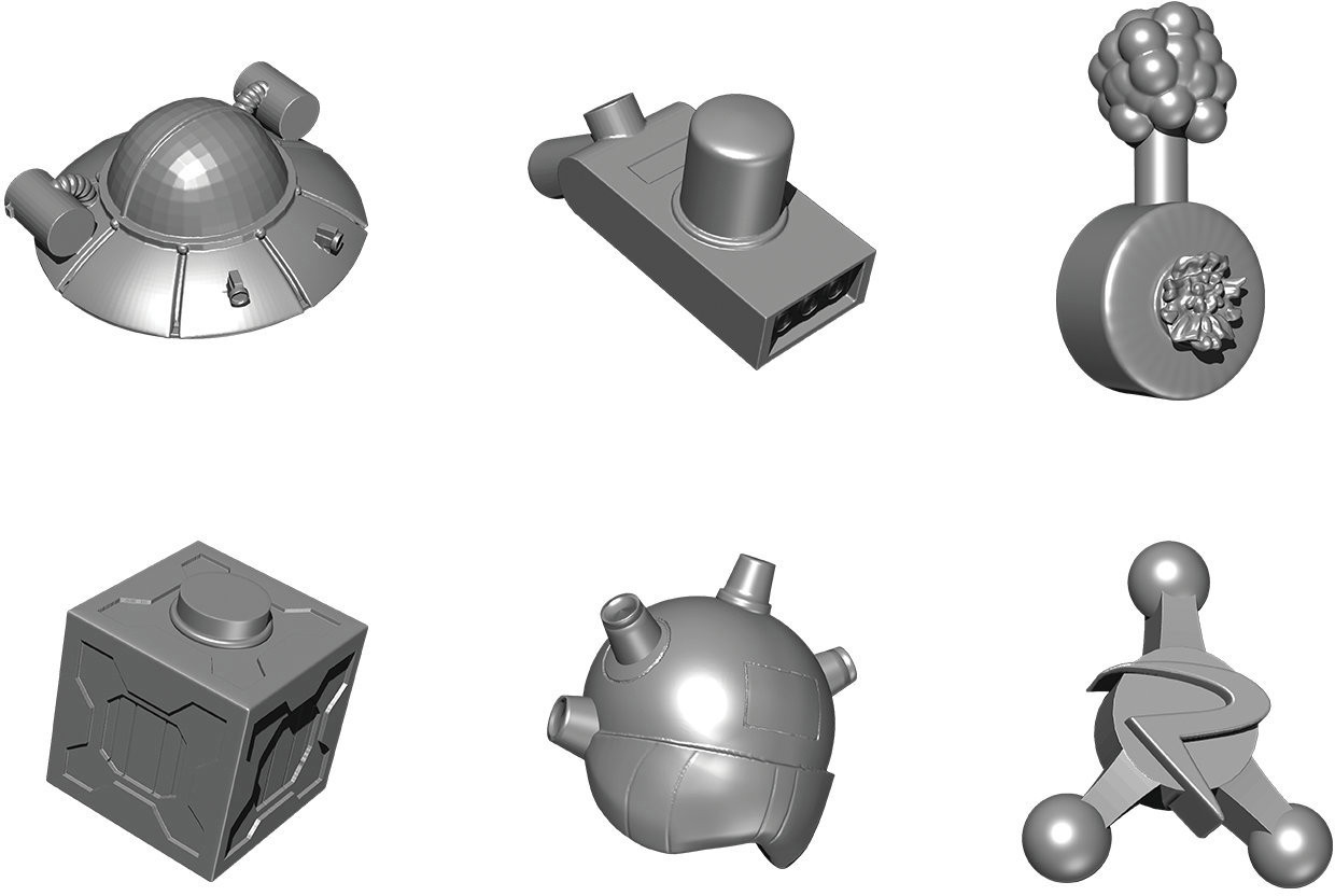 Sechs graue 3D-Modelle verschiedener Formen auf weißem Hintergrund.