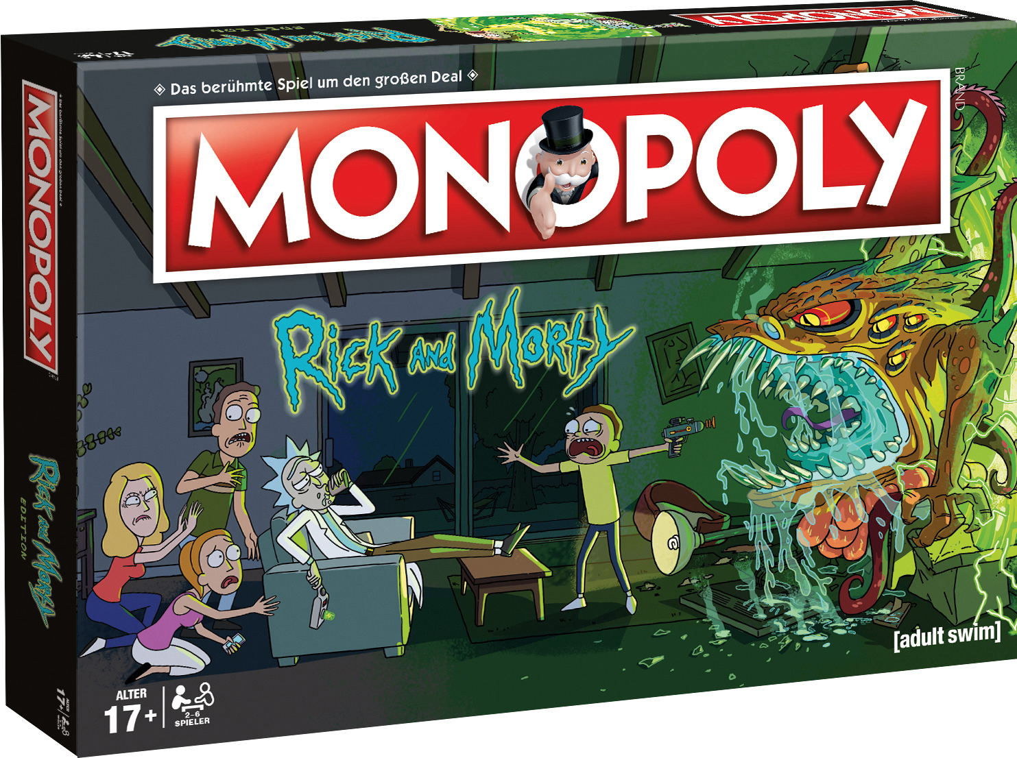 Monopoly: Rick and Morty Box Art. Charaktere aus der Show sind auf der Vorderseite der Box abgebildet.
