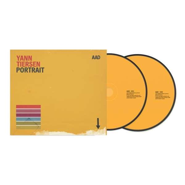 Yann Tiersen albumhoes met twee cd's. Gele hoes met gekleurde strepen en een zwarte pijl.