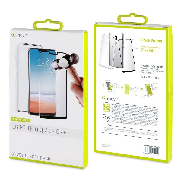 Funda + protector - Muvit MUPAK0397, Para LG G7 ThinQ, Flexible, Anti rayaduras, Vidrio templado, Transparente