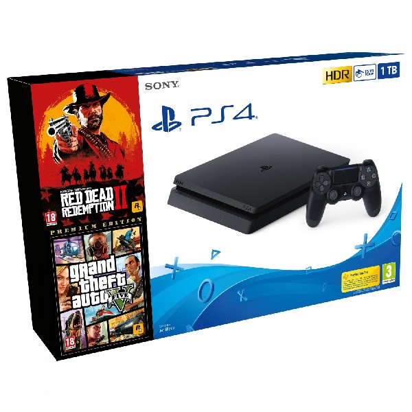 Consola - Sony PS4 1 TB, Negro + Red Dead Redemption 2 + GTA V (Premium Edition)