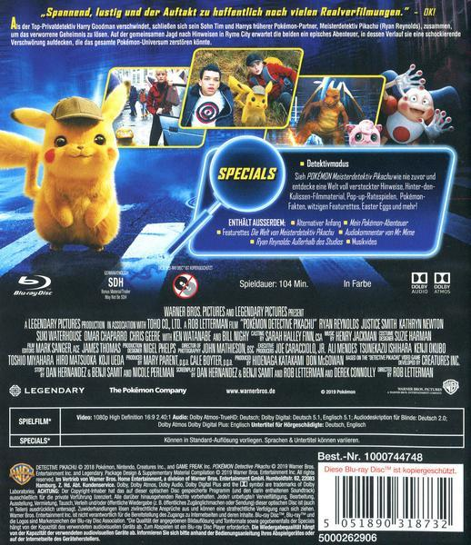 Rückseite einer Filmhülle mit Text, Bildern von Pikachu und anderen Charakteren.