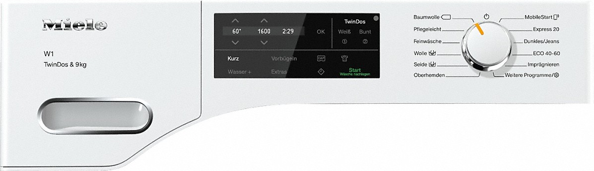 Fehér mosógép vezérlőpanel kijelzővel és tárcsával, beállításokat mutat.