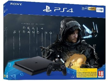 Caja de juego PS4 de 'Death Stranding', consola y mando delante.