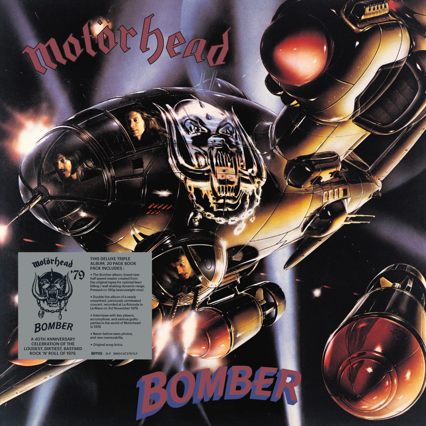 Album borító: Futurisztikus bombázó a zenekar tagjaival, egy koponyával és a 'Bomber' szóval.