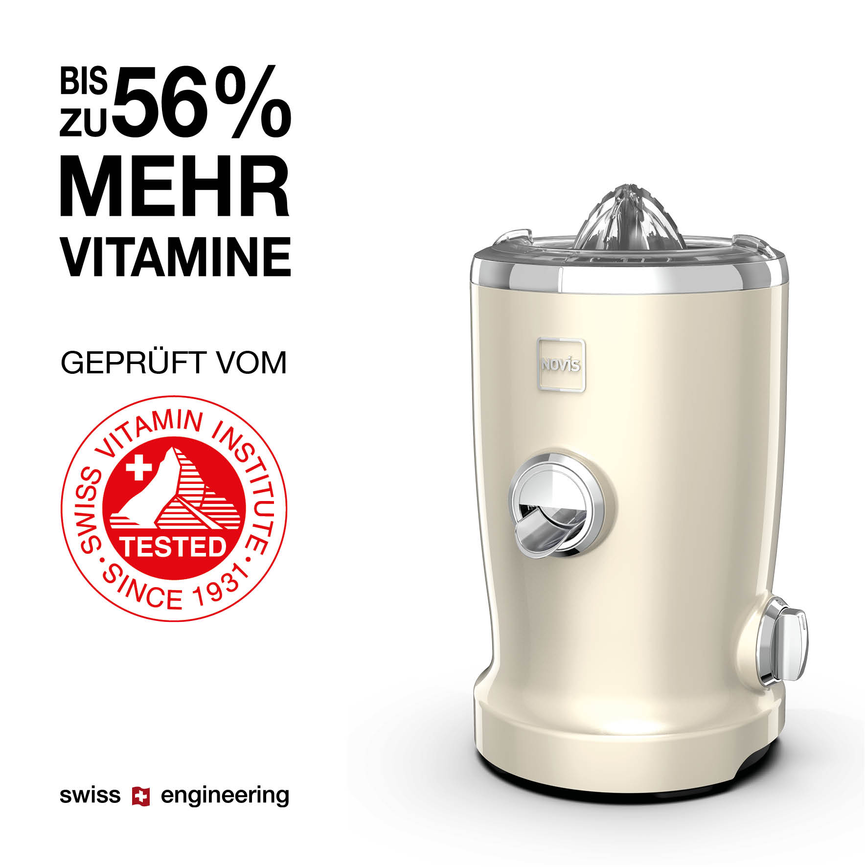 Presse-agrumes crème avec un accent argenté, texte et logo de l'Institut Suisse des Vitamines.