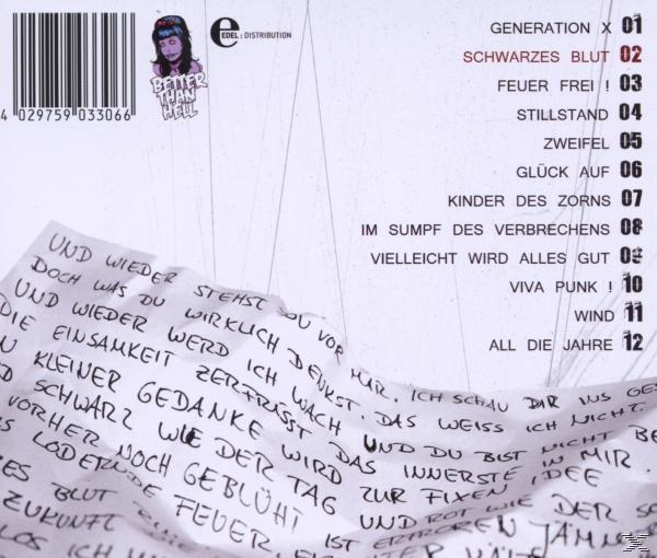 Albumcover mit handschriftlichem Text und Illustrationen. Schwarzweiß mit lila-haariger Frau.