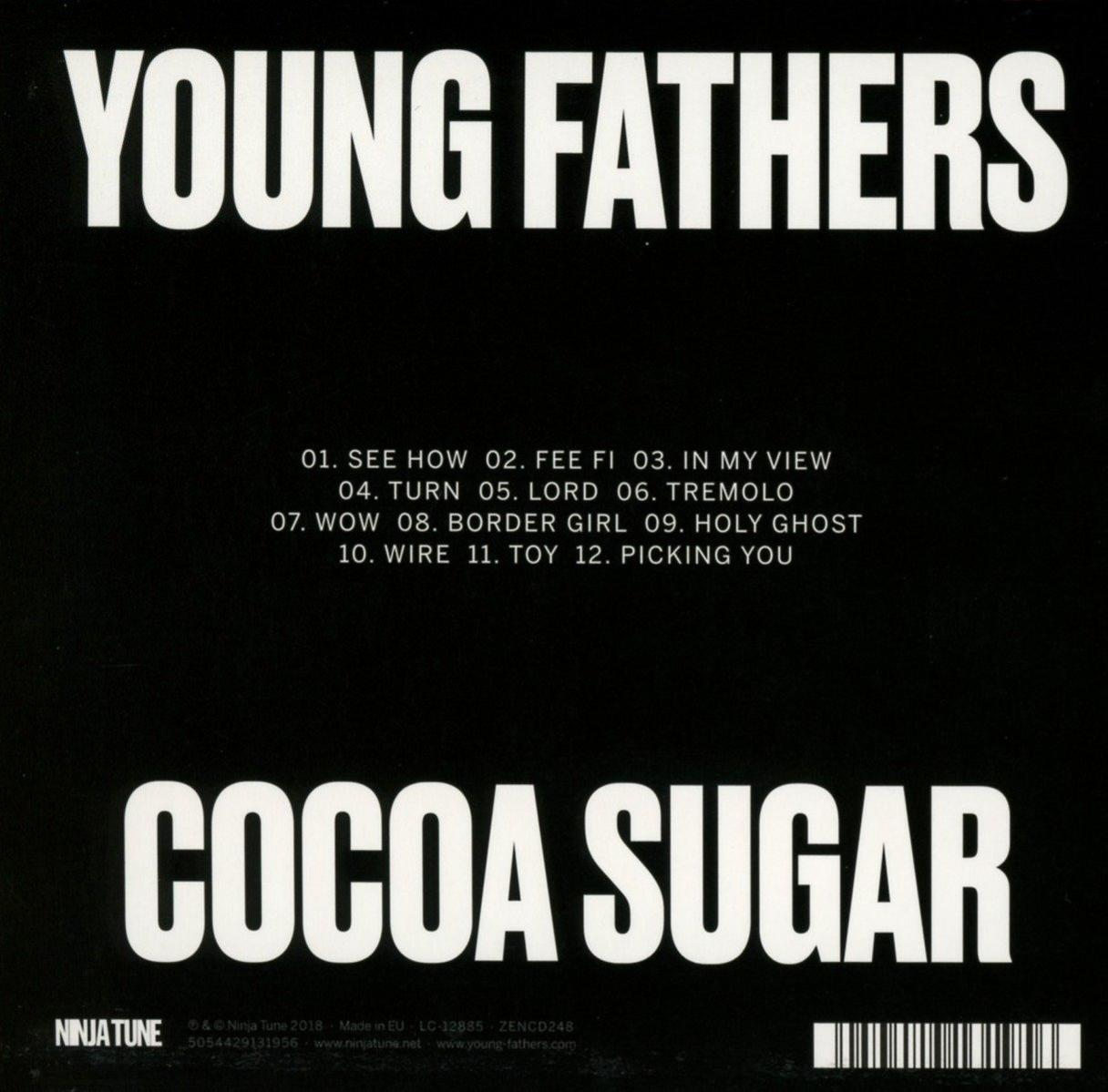 Pochette de l'album Cocoa Sugar de Young Fathers, liste des morceaux en texte blanc.