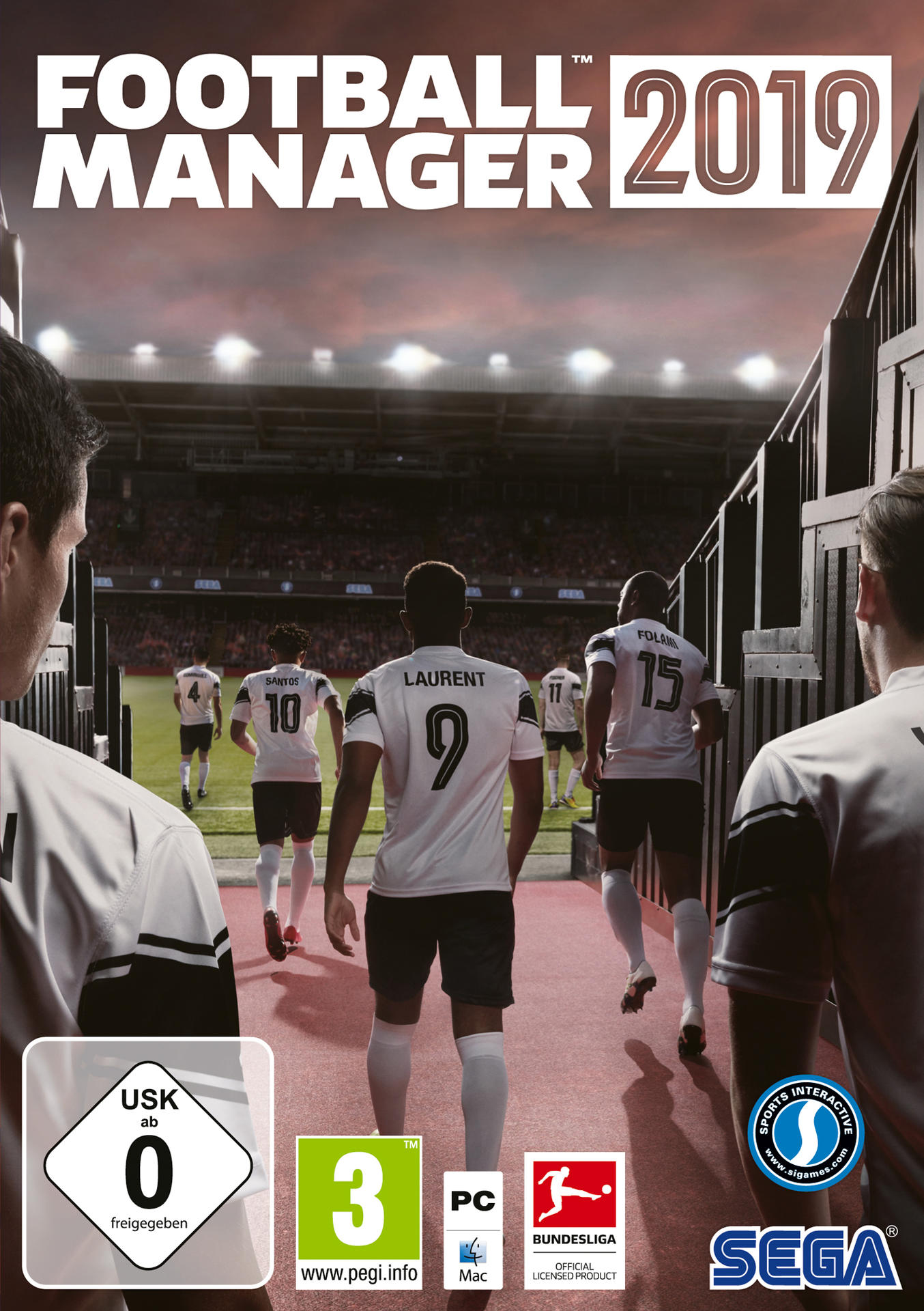 Football Manager 2019 Spielcover. Spieler gehen aus einem Tunnel auf ein Feld. Sega-Logo ist sichtbar.