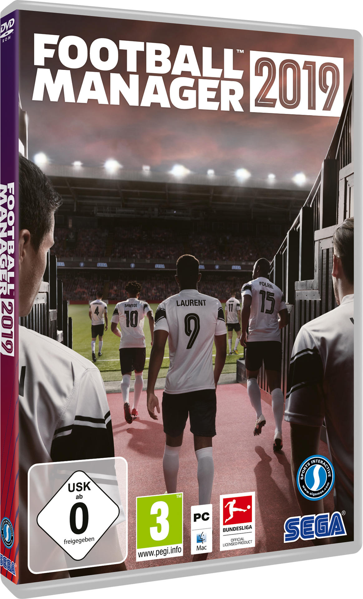 Spielcover für Football Manager 2019, Spieler auf einem Feld und Stadion im Hintergrund.