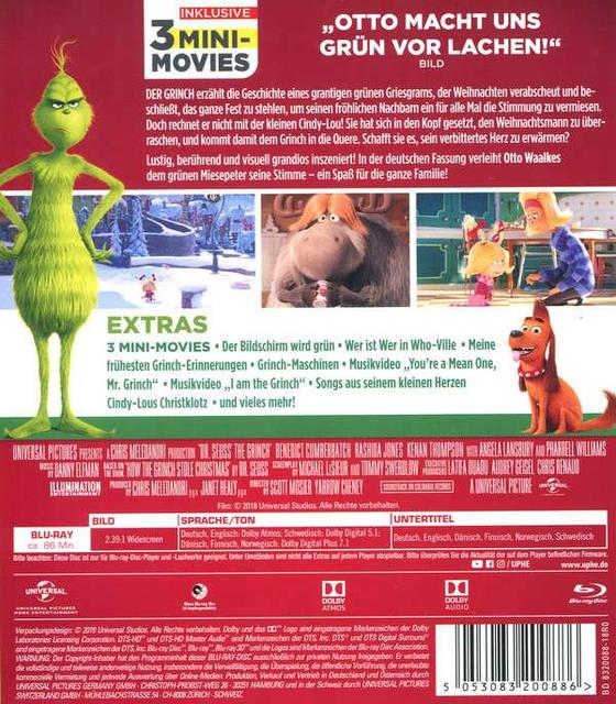 Rückseite einer DVD-Hülle mit dem Cartoon Grinch und anderen Charakteren. Text in mehreren Sprachen.