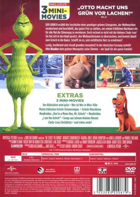 DVD-Rückseite vom Grinch mit Text, dem grünen Grinch, Rentier und Hund Max.