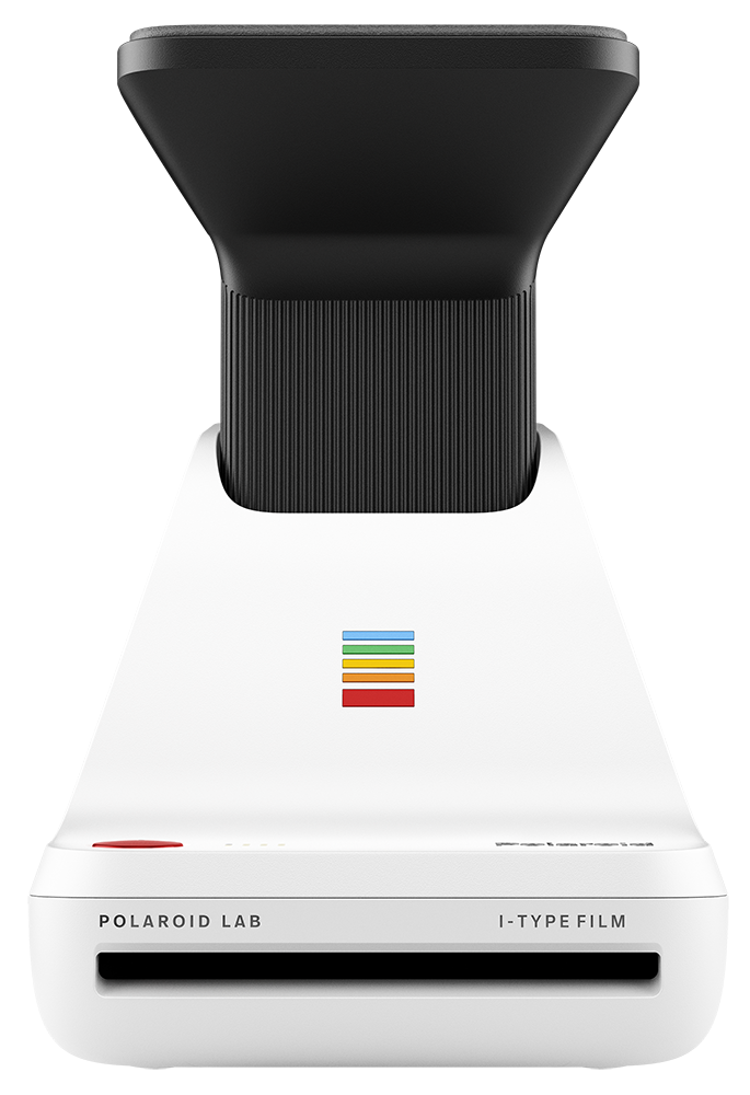White Polaroid Lab device, with a red button and color stripes. Black background.