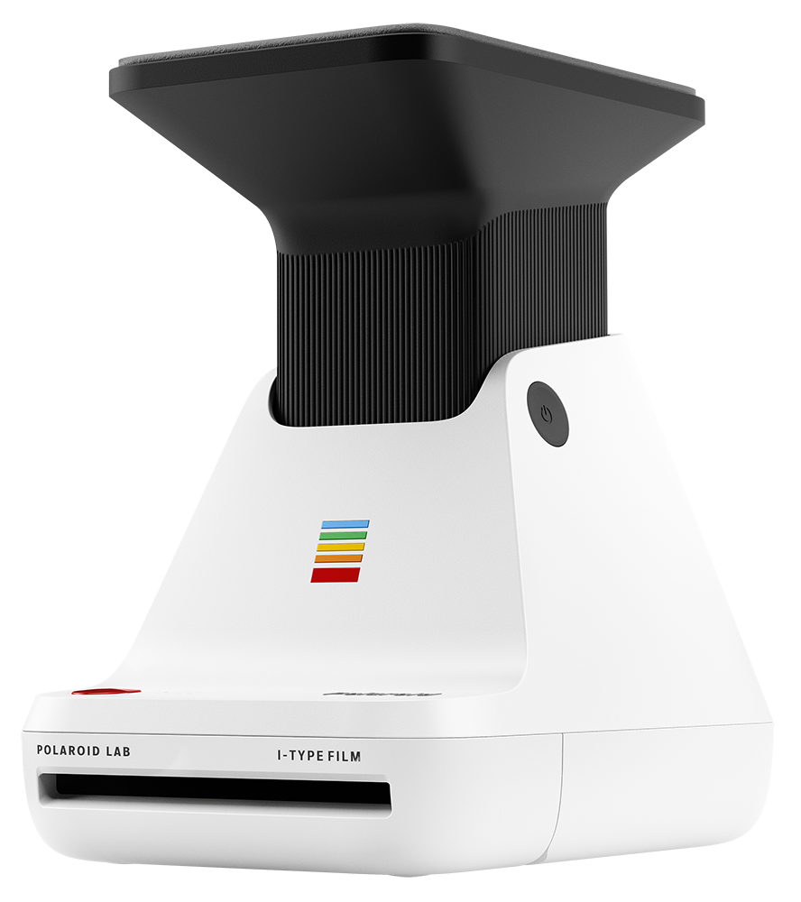 White Polaroid Lab machine with a black top and the brand's colors.