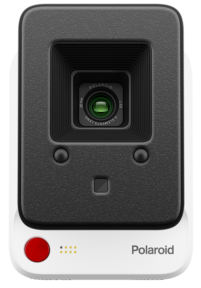 Polaroid camera. Black front with lens, two buttons, and a red button.