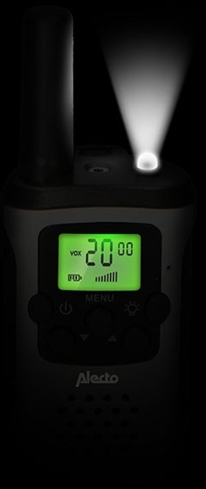 A white walkie talkie, green screen, and a light on the top.