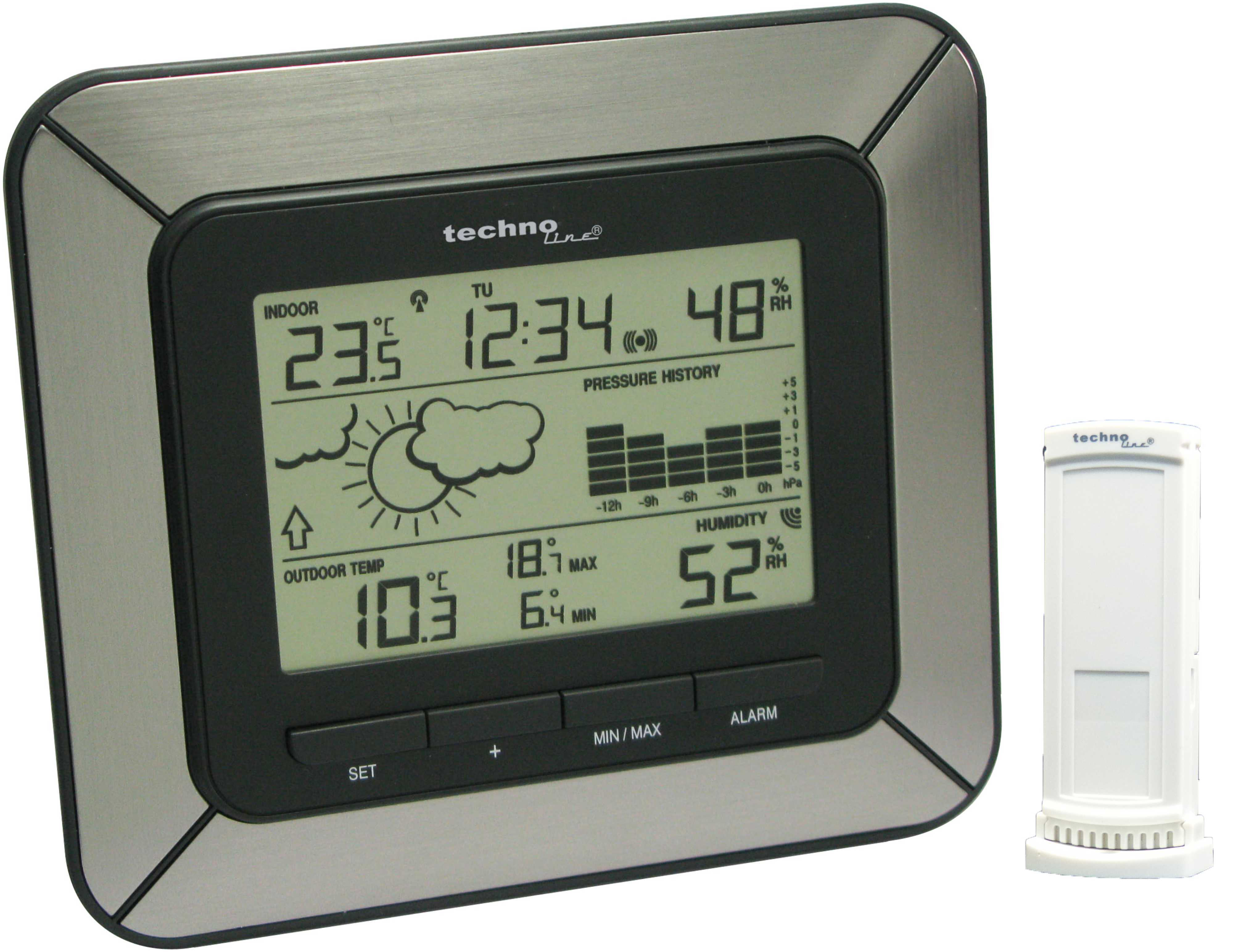Eine silber-schwarze digitale Wetterstation mit Innen-/Außentemperatur, Luftfeuchtigkeit und Uhrzeit.