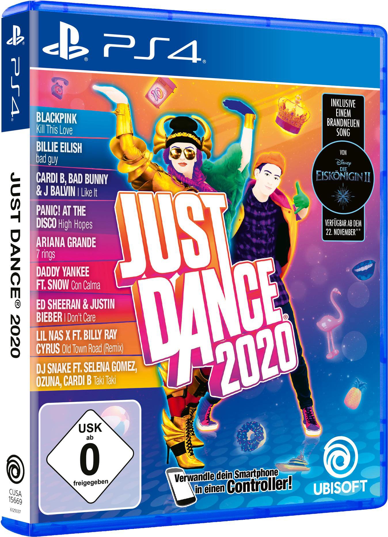 Just Dance 2020 Spielcover. Zwei Tänzer auf einer bunten Bühne. Text und Spielinformationen sind sichtbar.
