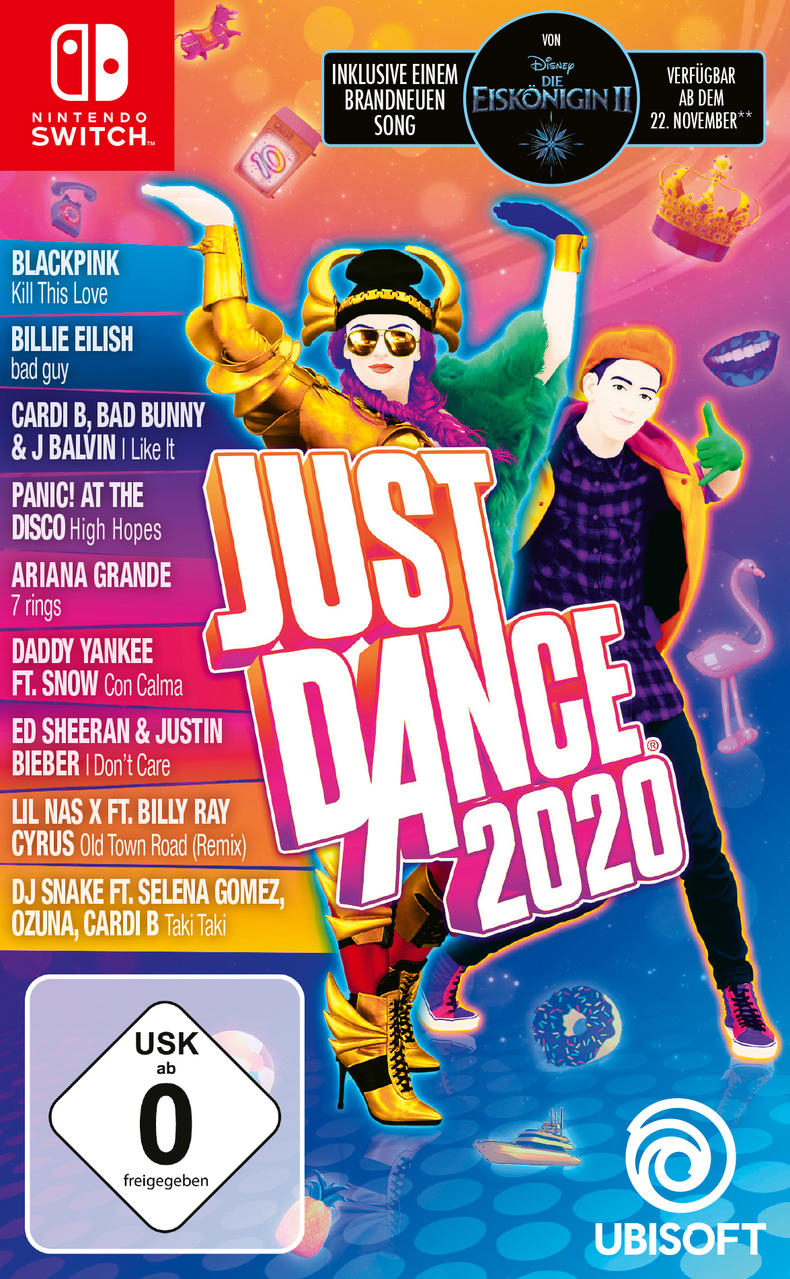 Just Dance 2020-Spielcover. Enthält zwei Tänzer und eine Liste von Songs.