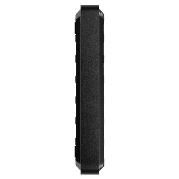 Dispositivo negro, rectangular, texturizado, probablemente un disco duro externo.