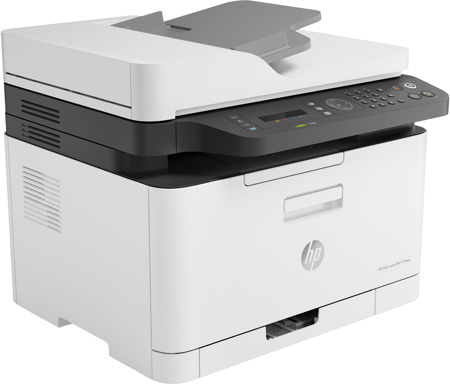 Une imprimante laser couleur HP blanche et noire. Elle possède un chargeur de documents en haut, un panneau de commande et un bac à papier en bas.