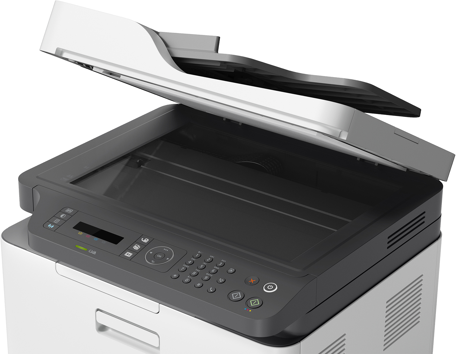 Une imprimante blanche et grise avec le couvercle supérieur ouvert. Le panneau de commande et les boutons sont visibles, ainsi que la vitre du scanner.