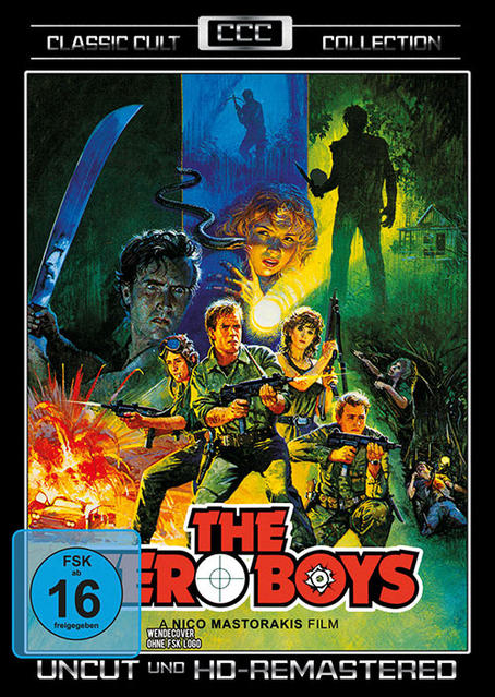 Filmcover: 'The Hero Boys', eine Gruppe von Leuten mit Waffen, in einer Waldszene.