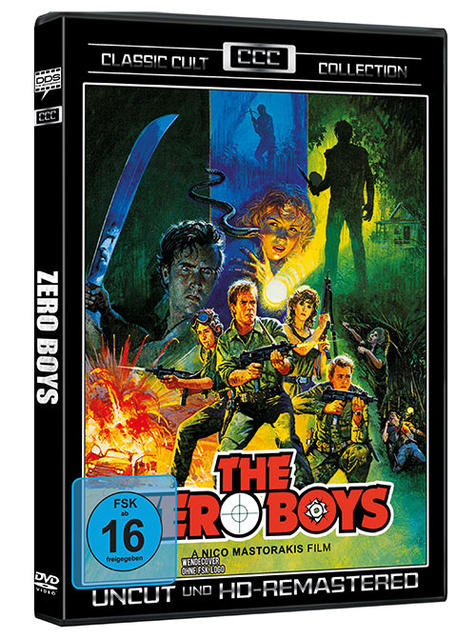 DVD-Hülle für den Film "Zero Boys". Männer mit Waffen und eine Frau. Ein Waldboden und Blut.