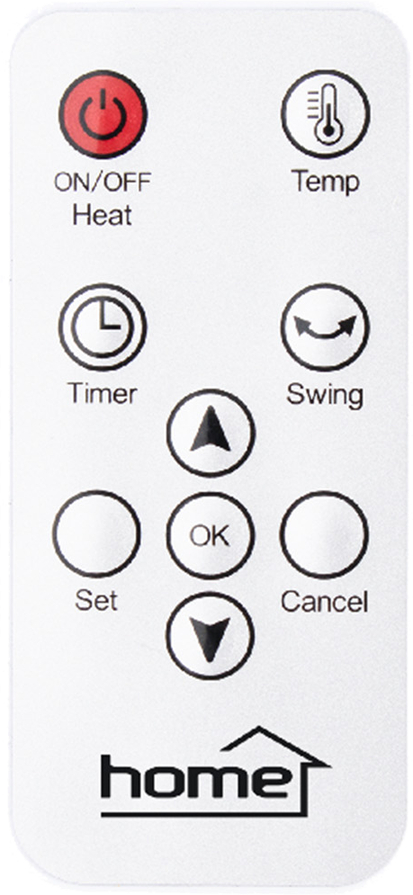 Fehér távirányító, gombok Fel/Le, Temp, Timer, Swing, Set, Ok, Cancel felirattal.
