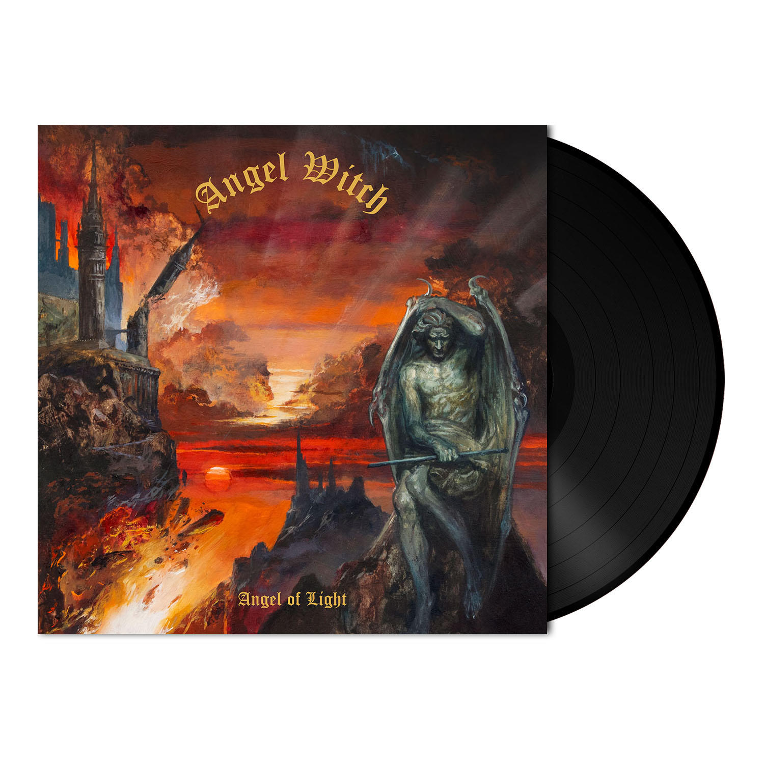 Albumcover mit Engelsfigur und feurigem Hintergrund, neben einer schwarzen Vinylplatte.