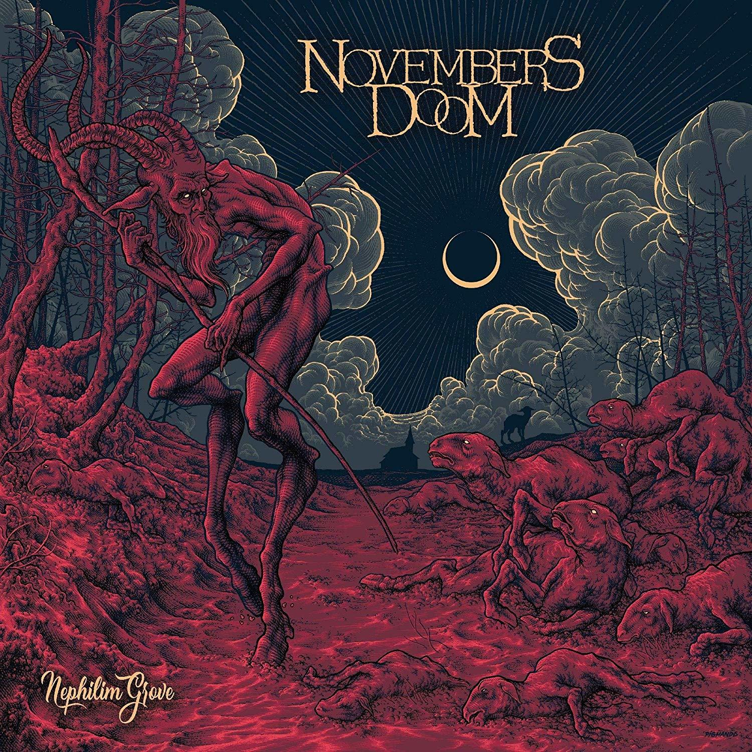 Albumcover: 'Nephilim Grove' von Novembers Doom. Dunkelrot, Illustration einer gehörnten Figur und Schafe.