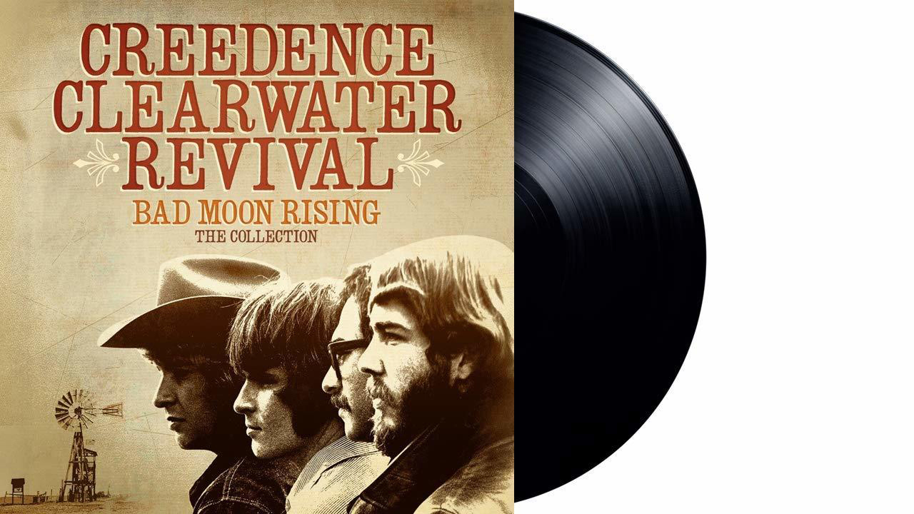 Albumcover mit vier Männern, einer Schallplatte und dem Text 'Creedence Clearwater Revival Bad Moon Rising'.