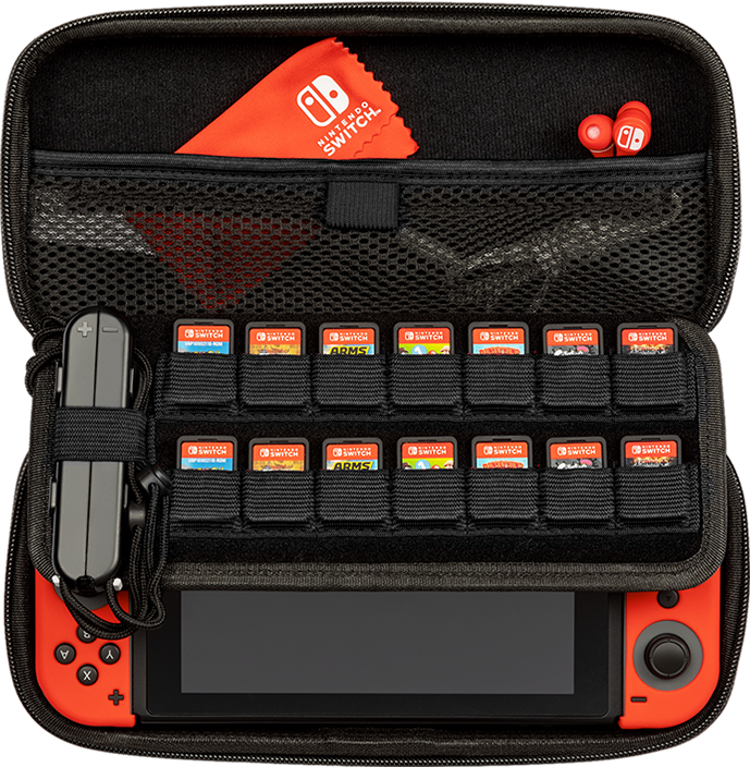 Geöffnete schwarze Hülle, zeigt roten Nintendo Switch, Spiele und Zubehör.