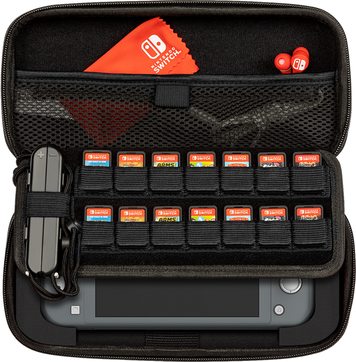 Eine schwarze Tragetasche für eine Nintendo Switch, geöffnet mit Spielkassetten.