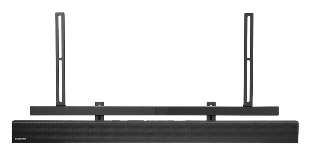 Soundbar en tv-bevestiging op zwarte achtergrond, Samsung-logo linksonder.