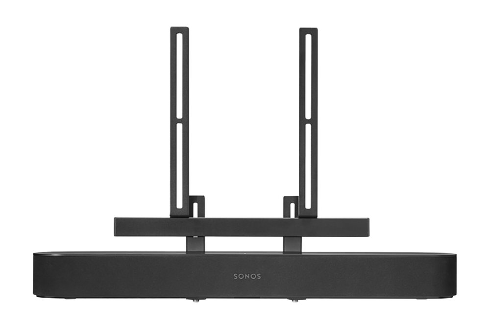 Zwarte Sonos soundbar met twee verticale beugels voor montage. De achtergrond is wit.