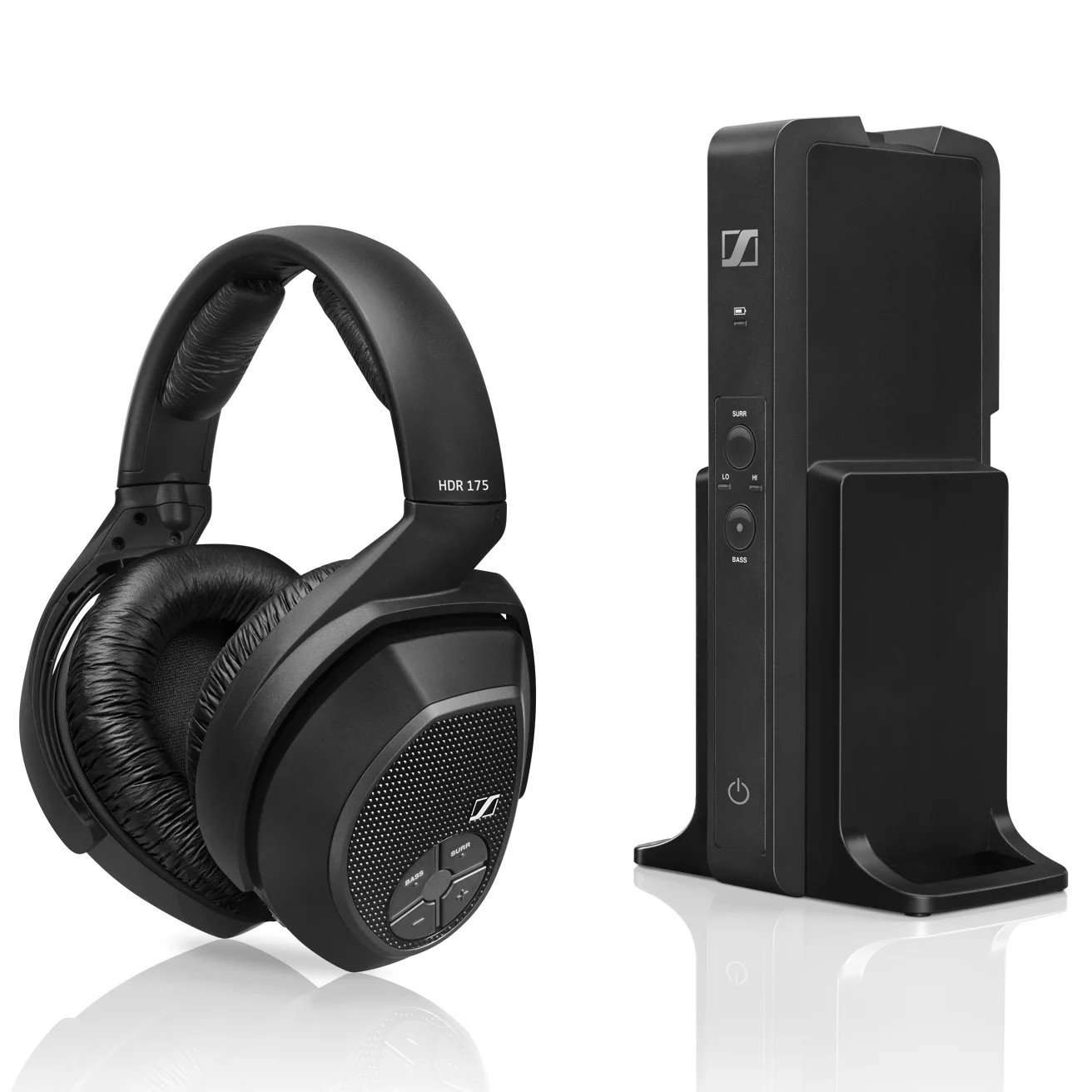 Black headphones and a black charging base. The base has controls for bass and power.