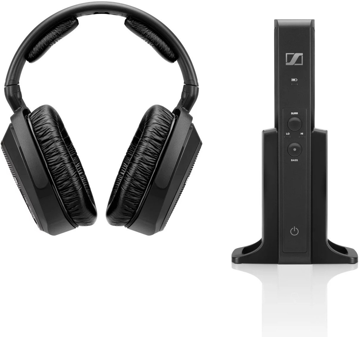 Black headphones and a black base. Headphones are above the base.