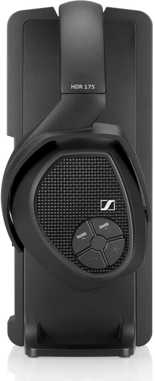 Black headphones with a black charging station, buttons and a logo.