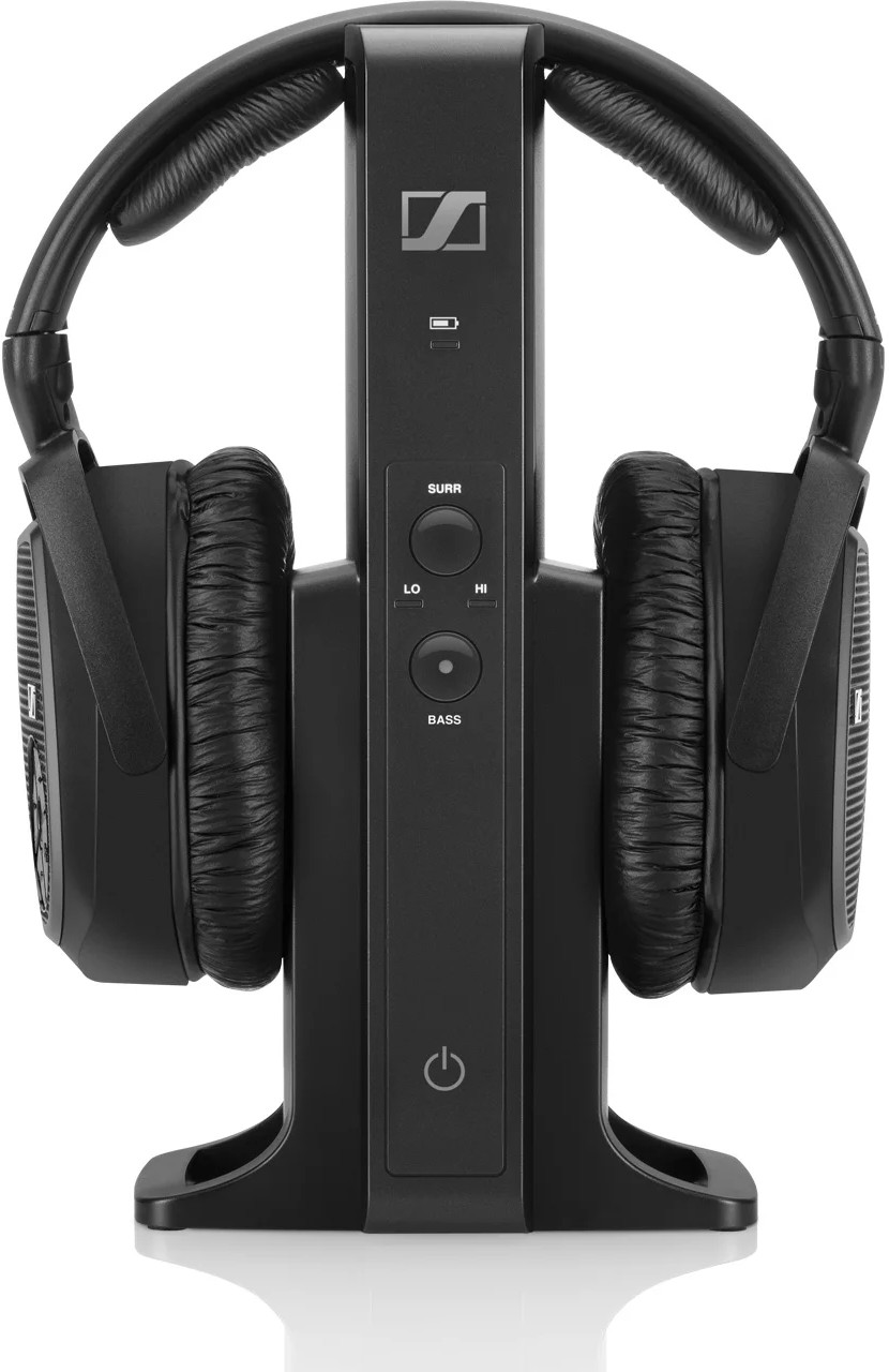 A black headset with a charging base with buttons, on a white background.