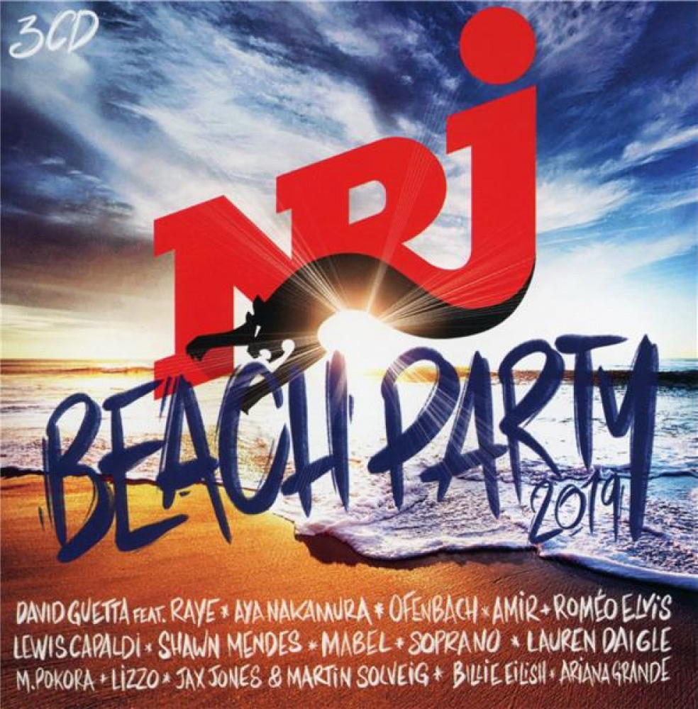 Pochette d'album avec le texte NRJ Beach Party 2019. Il y a une scène de plage en arrière-plan.
