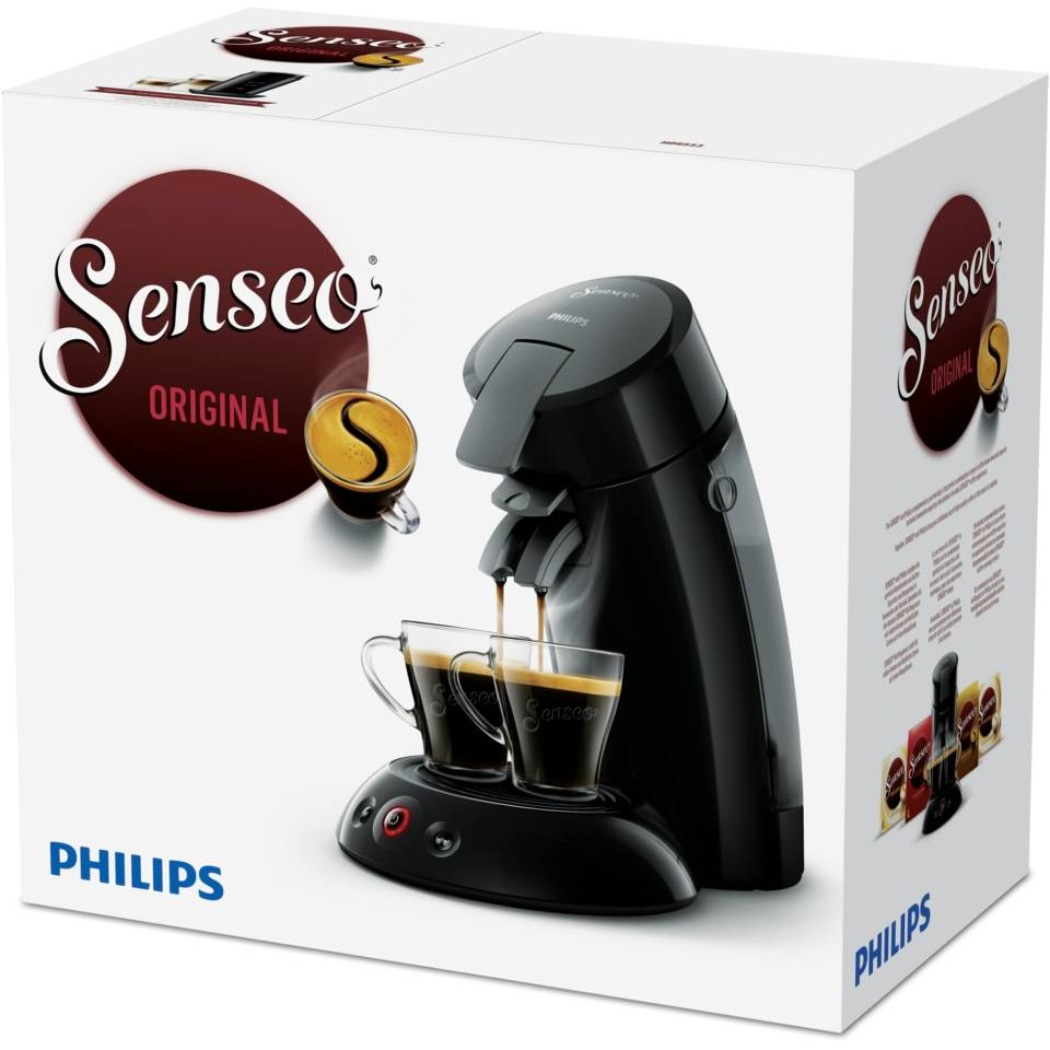 A white box with a Senseo coffee machine and accessories, and a cup of coffee.