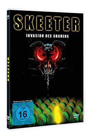 DVD-Cover für 'Skeeter: Invasion des Grauens'. Zeigt eine fliegenartige Kreatur mit roten Augen, eine Eieransammlung und eine '16'-Bewertung.