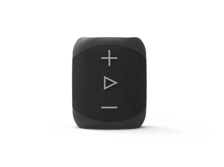 Un altavoz negro, rectangular, con frontal de malla y controles de volumen. Símbolos más, triángulo y menos.