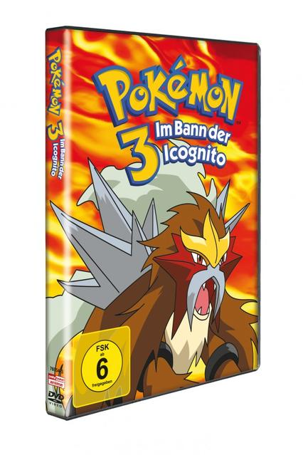 Eine DVD-Hülle mit einem Cartoon-Bild. Der Fall ist meist rot und gelb mit einem Pokémon-Charakter.