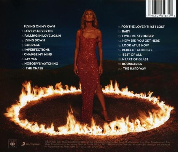 Album borító, Celine Dion piros ruhában, tűzgyűrűben áll. Az album címe és a számok listája látható.