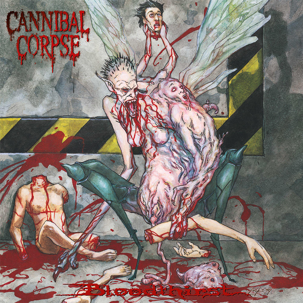 Albumcover: Ein groteskes Monster mit abgetrenntem Kopf und Körperteilen, Blut.