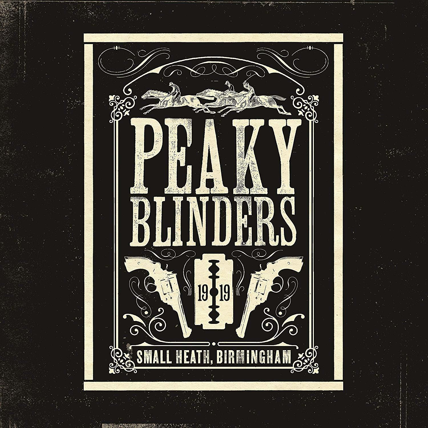 Affiche Peaky Blinders avec texte, armes et chevaux.