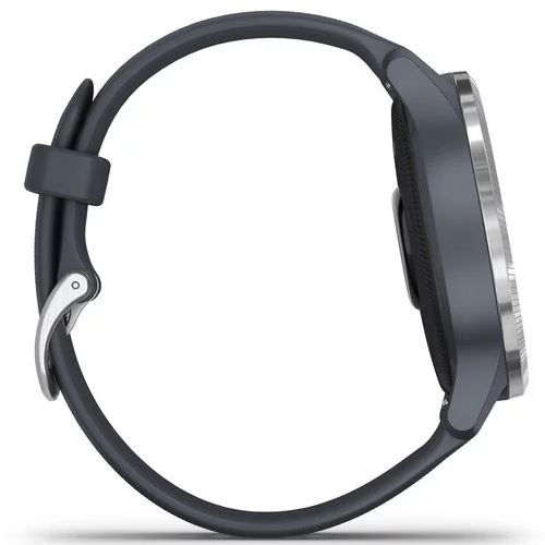 Vista lateral de un smartwatch gris oscuro con correa negra y cierre plateado.